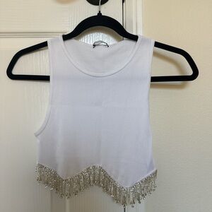 Zara White Crop Top with Silver Fringe